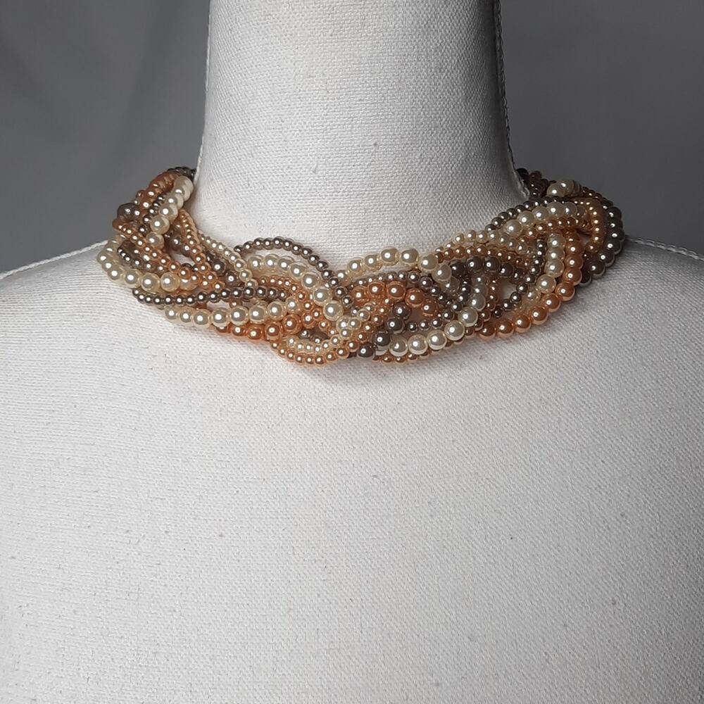 Braided Faux Pearl Necklace in Neutral Tones w/ Matching Earrings